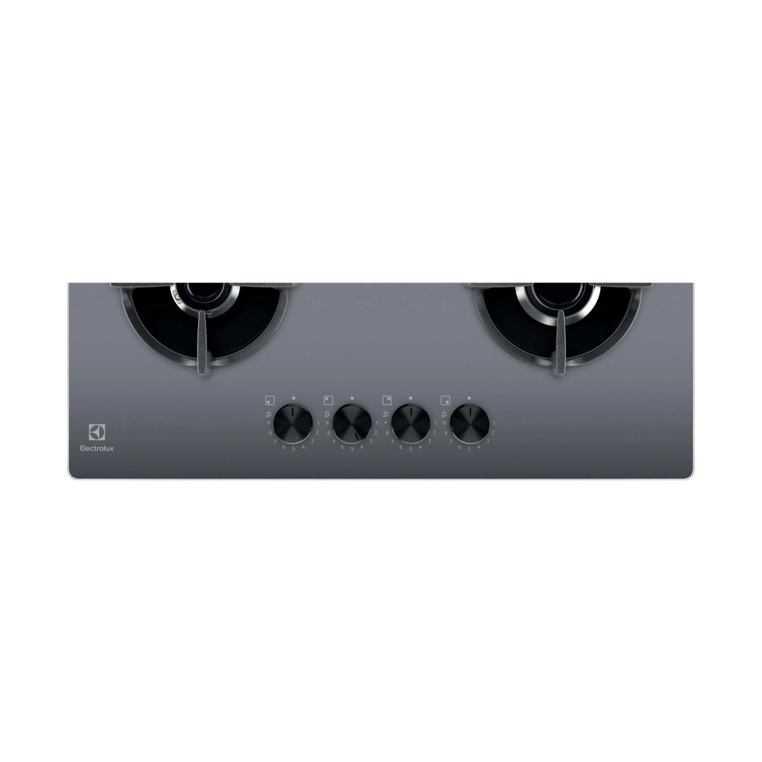 Piano cottura a gas Electrolux grigio con due bruciatori neri e quattro manopole.