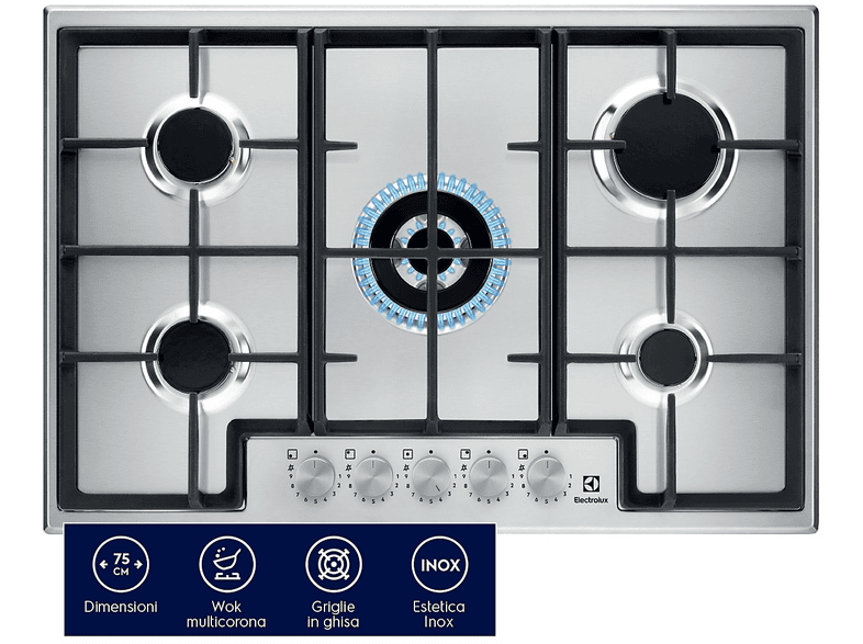 ELECTROLUX EGS75362X PIANO COTTURA GAS, 5 zone di cottura, dimensioni: L 74,5 cm, P 51 piano in Acciaio inossidabile, Inox