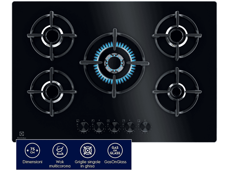 ELECTROLUX EGG75372K PIANO COTTURA GAS, 5 zone di cottura, dimensioni: L 74 cm, P 51 Nero