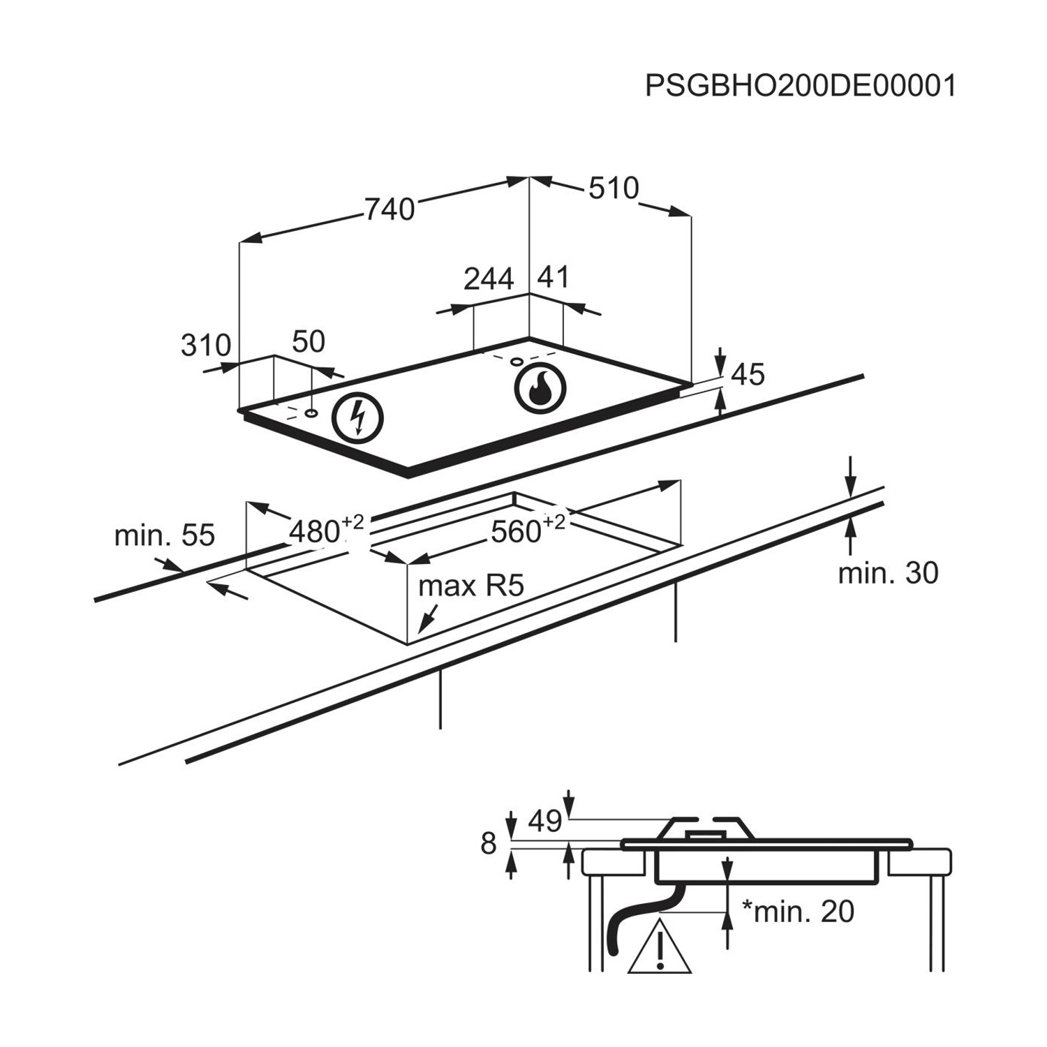 Disegno tecnico che mostra le dimensioni di installazione di un piano cottura.