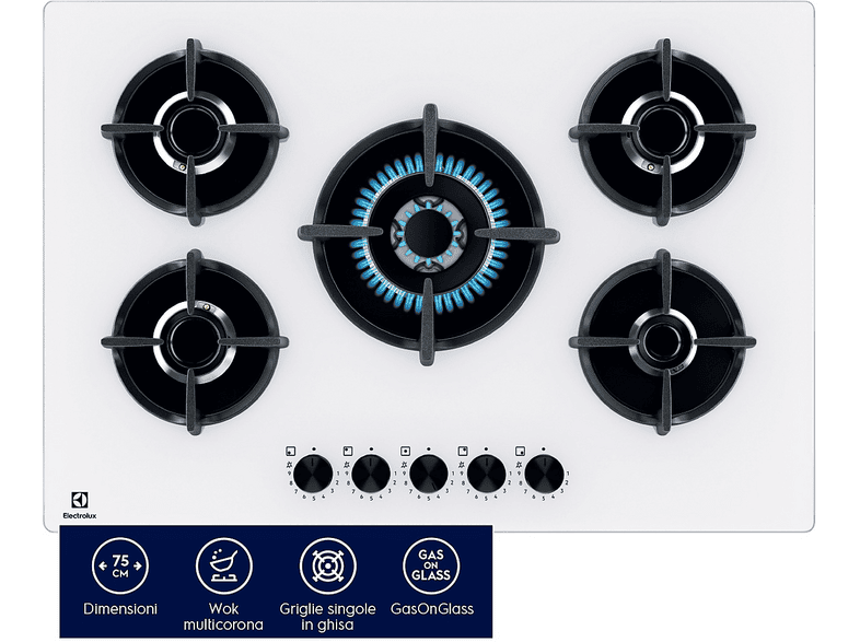 ELECTROLUX EGG75372W PIANO COTTURA GAS, 5 zone di cottura, dimensioni: L 74 cm, P 51 Bianco