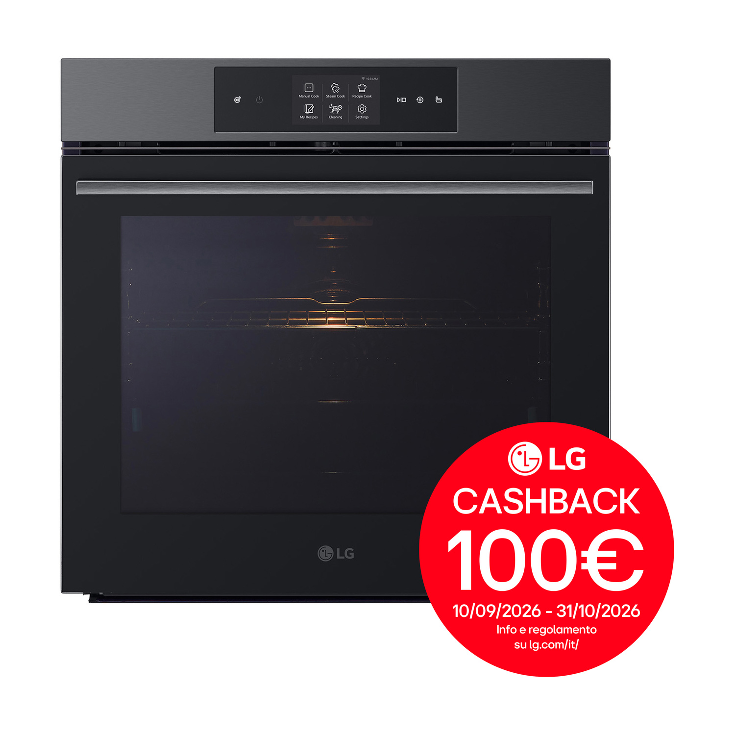 Un forno nero LG con pannello digitale e bollino rosso per 100€ di rimborso cashback.
