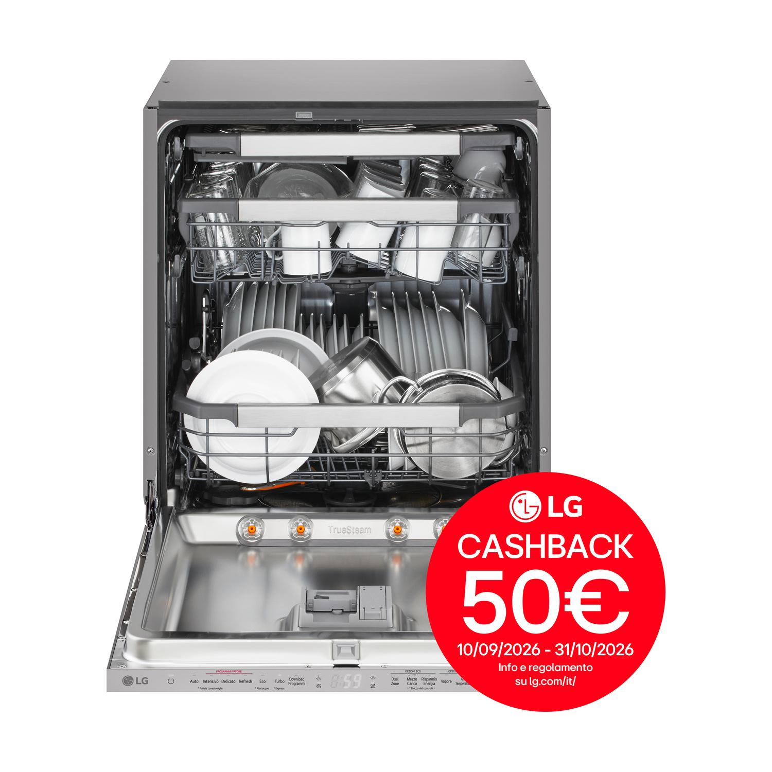 Lavastoviglie grigia LG aperta con cestelli pieni e adesivo rosso cashback di 50 euro.