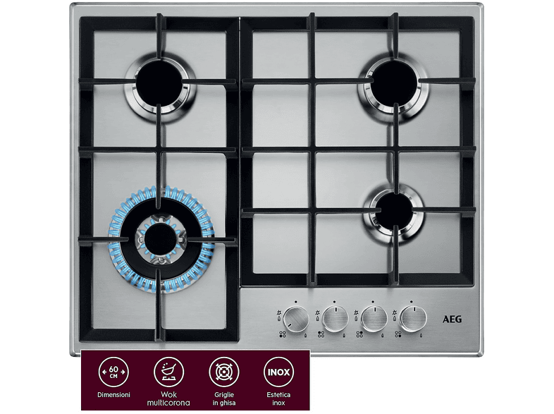 AEG HGB64400SM PIANO COTTURA GAS, 4 zone di cottura, dimensioni: L 59,5 cm, P 51 piano in Acciaio inossidabile, Inox