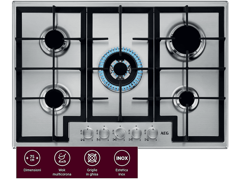 AEG HGB75400SM PIANO COTTURA GAS, 5 zone di cottura, dimensioni: L 74,4 cm, P 51 piano in Acciaio inossidabile, Inox