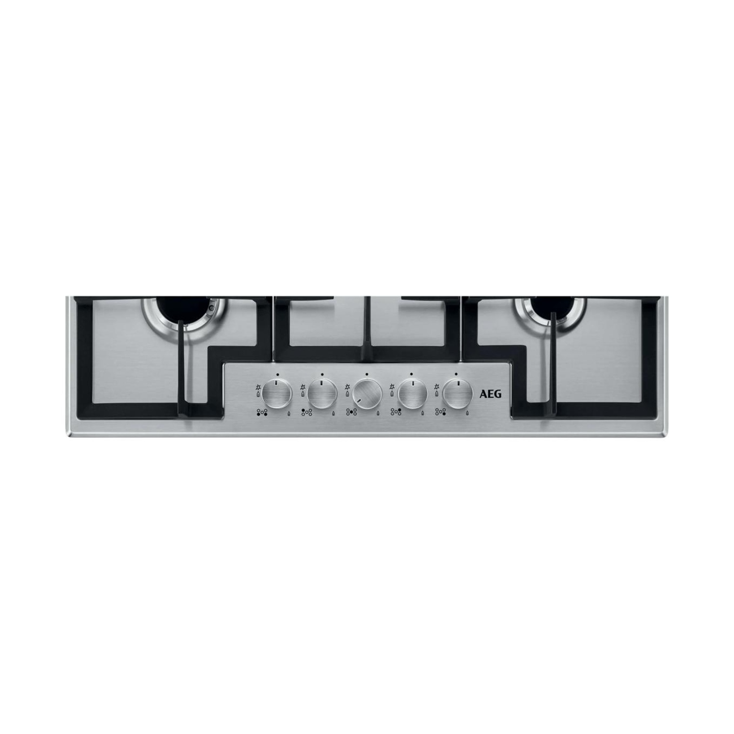 Piano cottura a gas in acciaio inossidabile con cinque manopole rotonde e logo AEG nero.