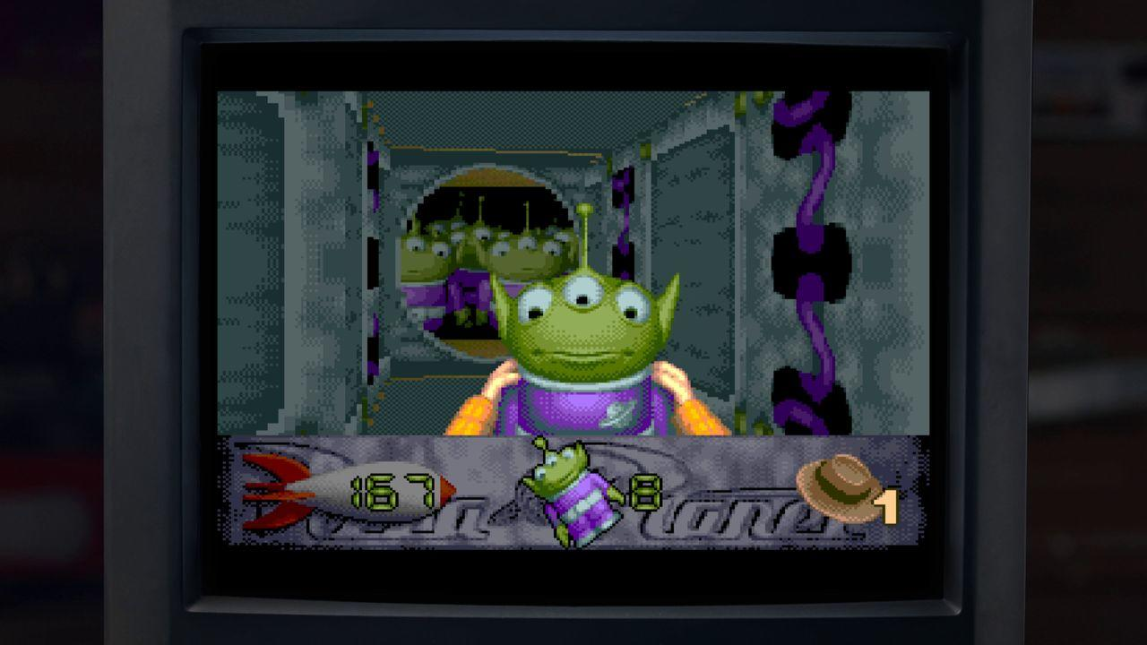 Ein pixeliger grüner Alien in einem Raumschiffflur auf einem Retro-Videospielbildschirm.