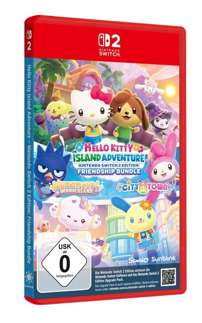 Hello Kitty Island Adventure für Nintendo Switch 2 in einer roten Hülle mit kunterbunten Charakteren.