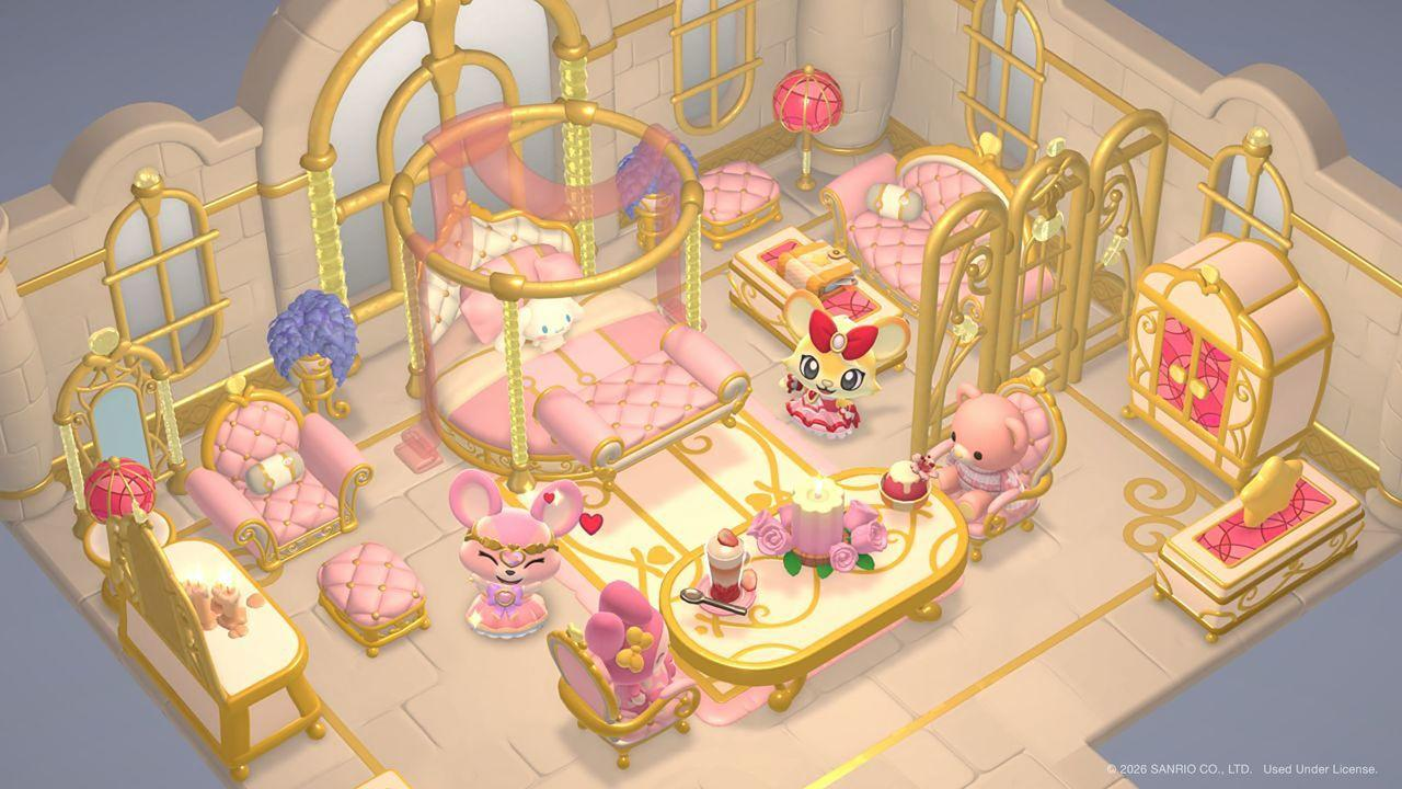 Ein opulent eingerichtetes Schlosszimmer in Rosa und Gold mit süßen Figuren, Betten und gemütlichen Sesseln.