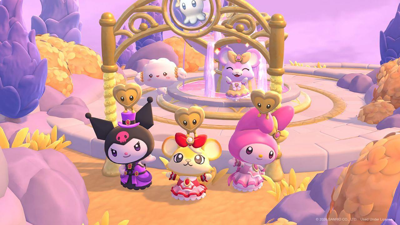 Sanrio-Charaktere stehen im Vordergrund vor einem goldenen Brunnen und einer Fantasielandschaft.