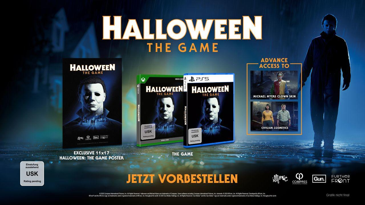 Werbebild für Halloween The Game mit Hüllen, einem Poster, Bonus-Skins und Vorbestelltext.