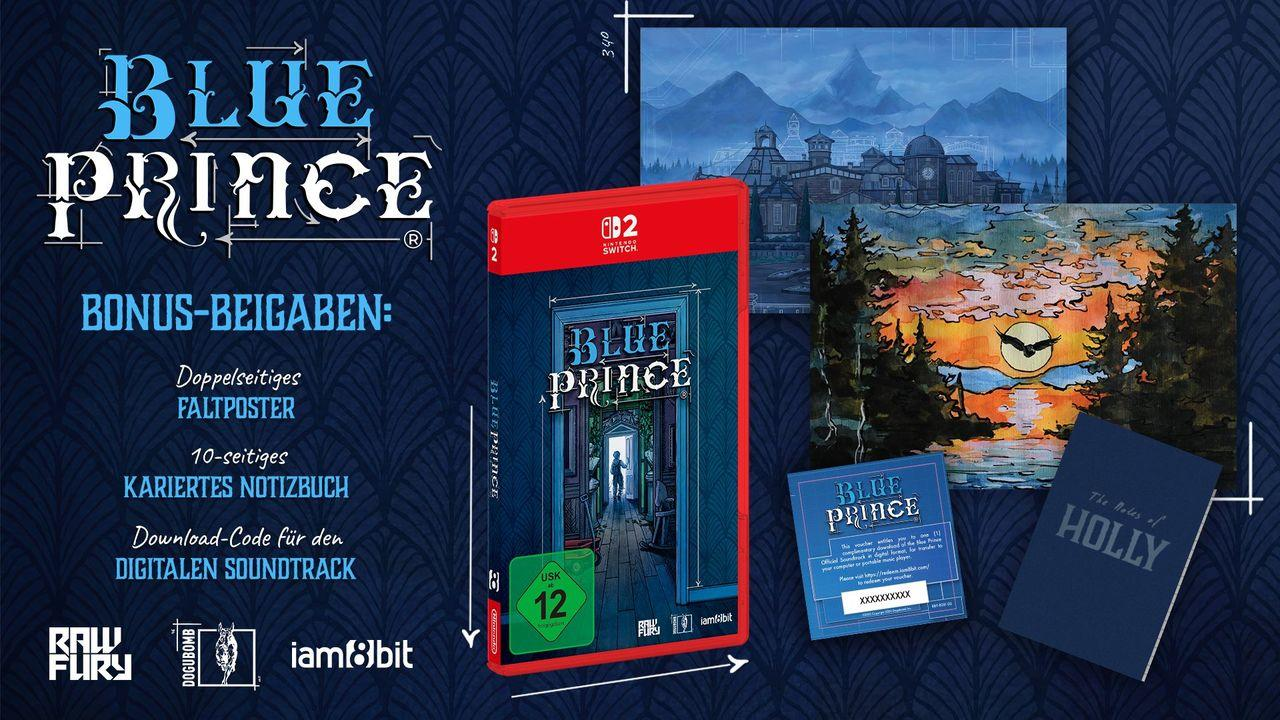 Blue Prince Nintendo Switch Box mit Bonus-Inhalten wie Poster und Notizbuch.
