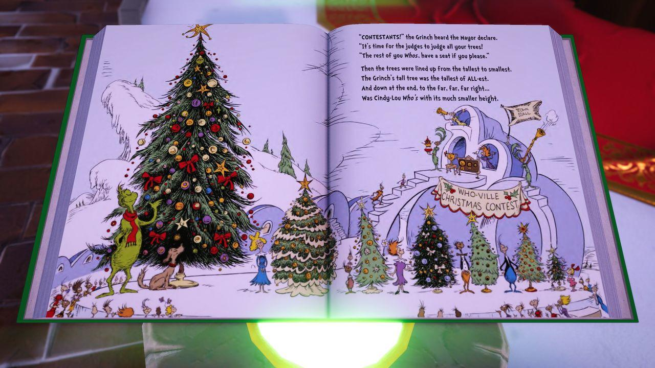 Eine offene Dr. Seuss-Buchseite zeigt den Grinch neben einem großen Weihnachtsbaum und Whoville-Wettbewerbsszenen.