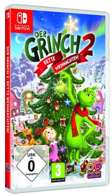 Nintendo Switch Cover von Der Grinch 2: Rette Weihnachten mit dem Grinch, Max und einer Stadt im Hintergrund.