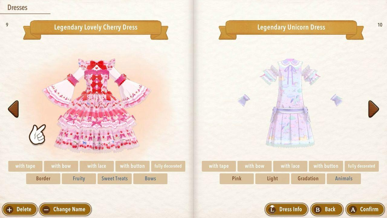 Ein Videospiel-Katalogbuch mit zwei anpassbaren Kleidern, dem Legendary Lovely Cherry Dress und dem Legendary Unicorn Dress.