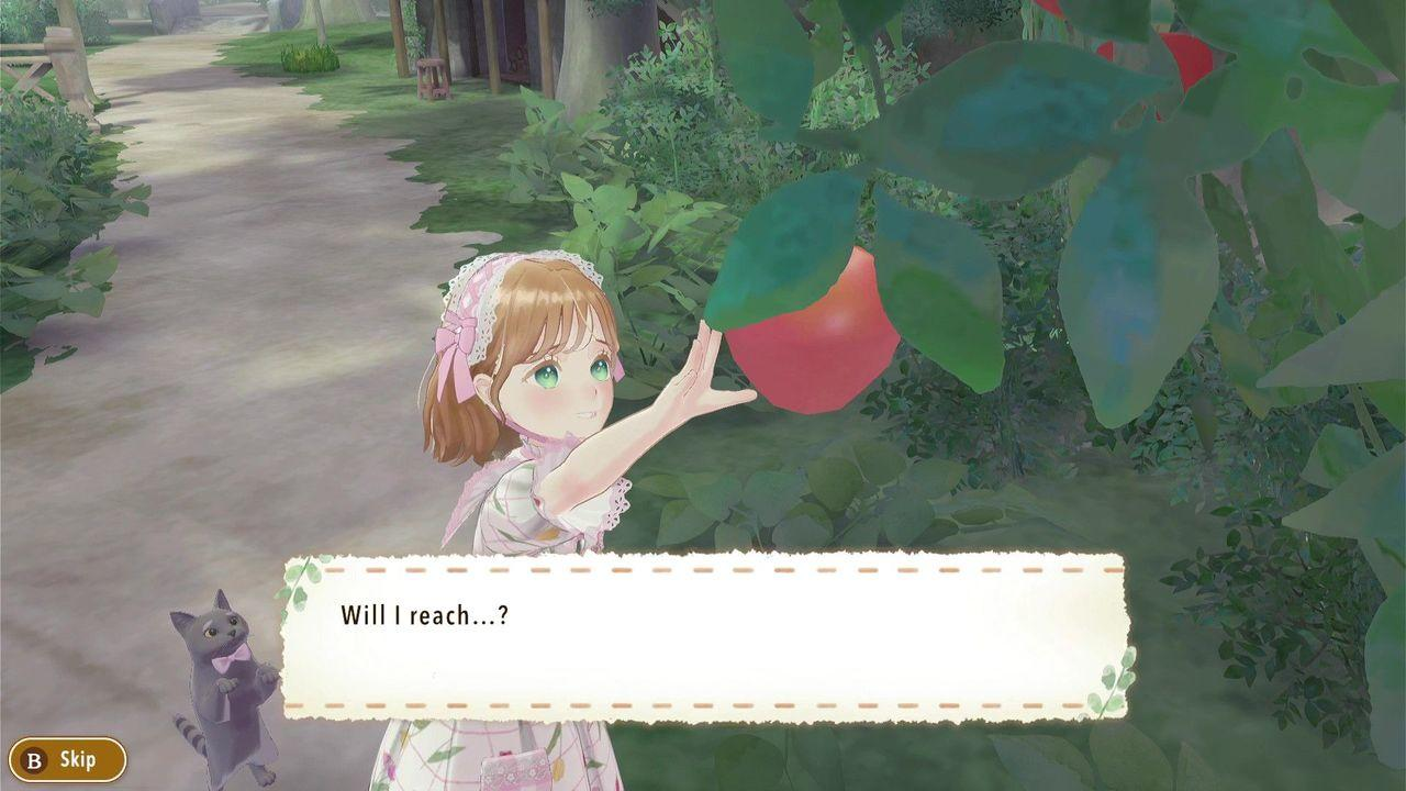Ein Anime-Mädchen greift nach einem roten Apfel, während eine graue Katze zusieht, mit dem Text „Erreiche ich es...?“