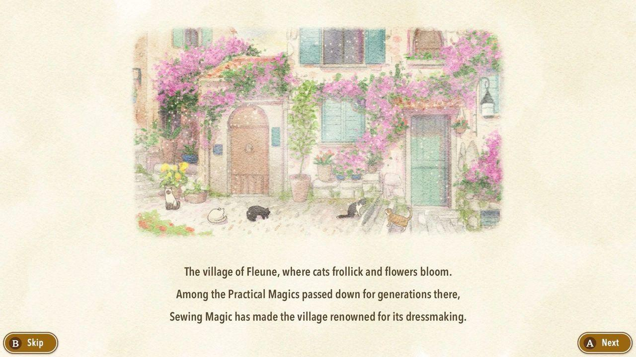 Aquarellillustration einer malerischen Dorfstraße mit rosa Blumen, Holztüren und mehreren kleinen Katzen.
