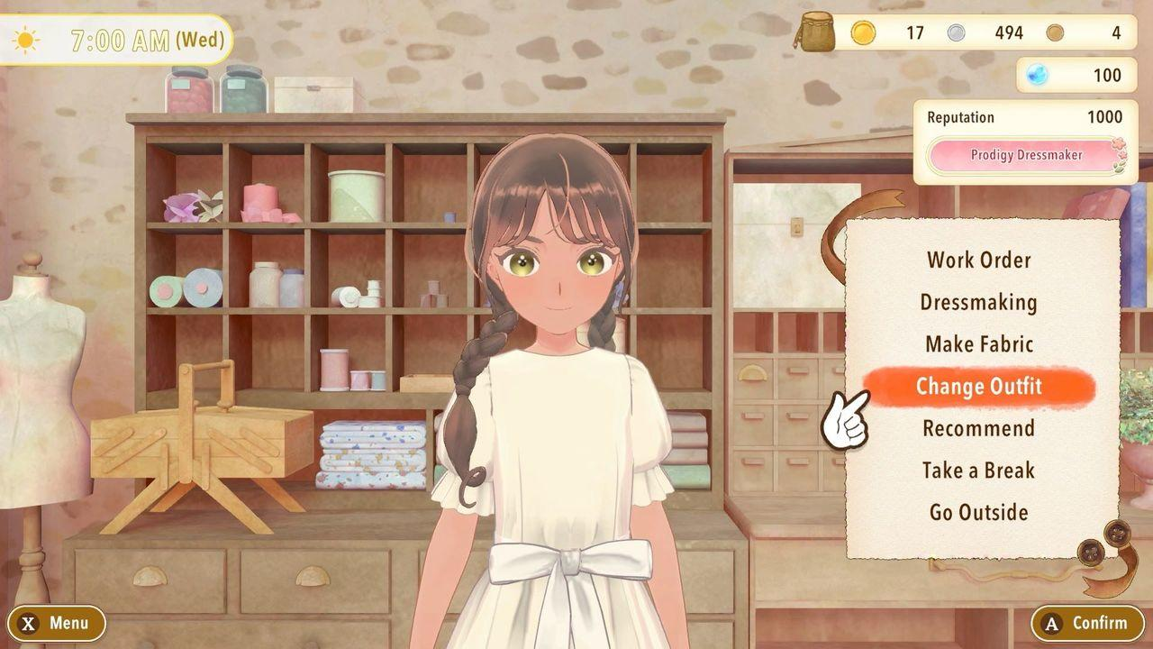 Ein Anime-Mädchen in einem weißen Kleid vor einem Holzlokal mit Bastelsachen und einem Menü.