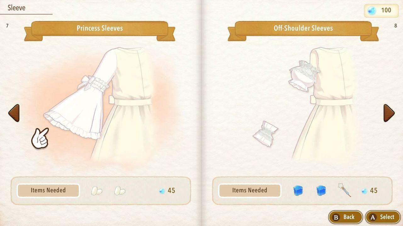 Spielmenü zeigt Princess Ärmel und Off-Shoulder Ärmel Optionen für ein Kleid mit benötigten Items.