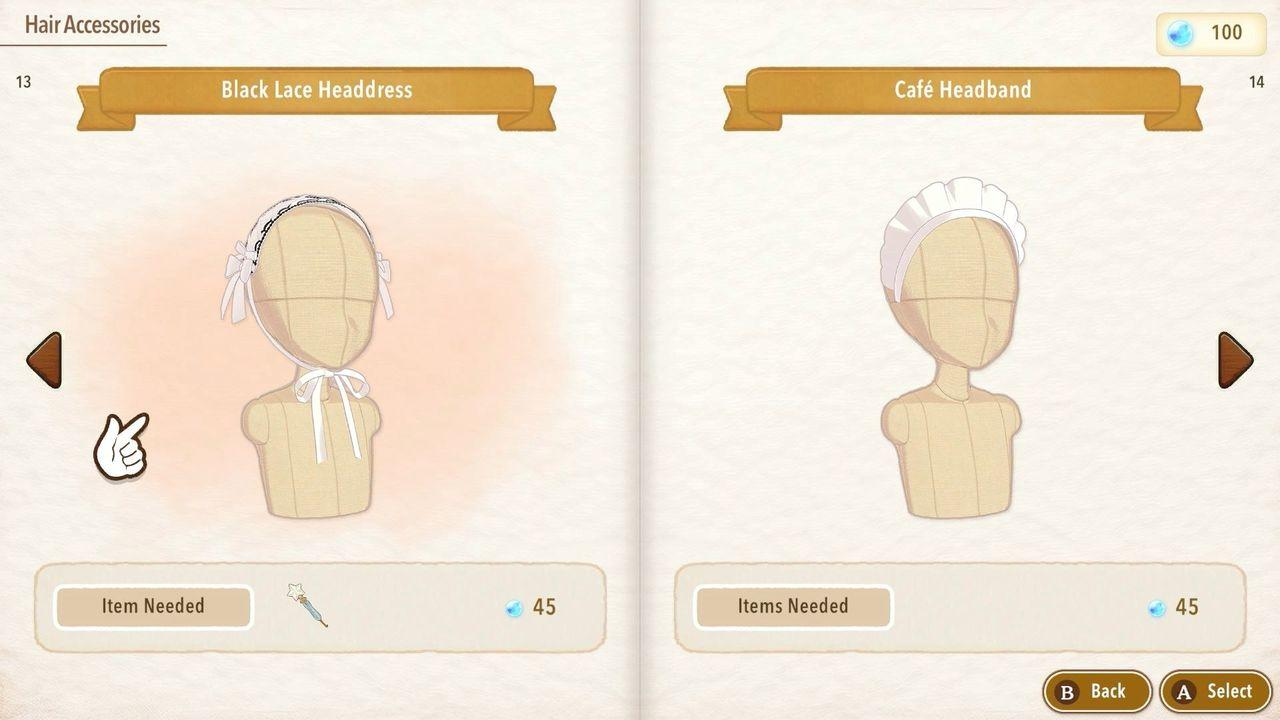 Spielmenü mit zwei Haaraccessoires auf Mannequins: schwarze Spitzkopfbedeckung und Café-Haarband.