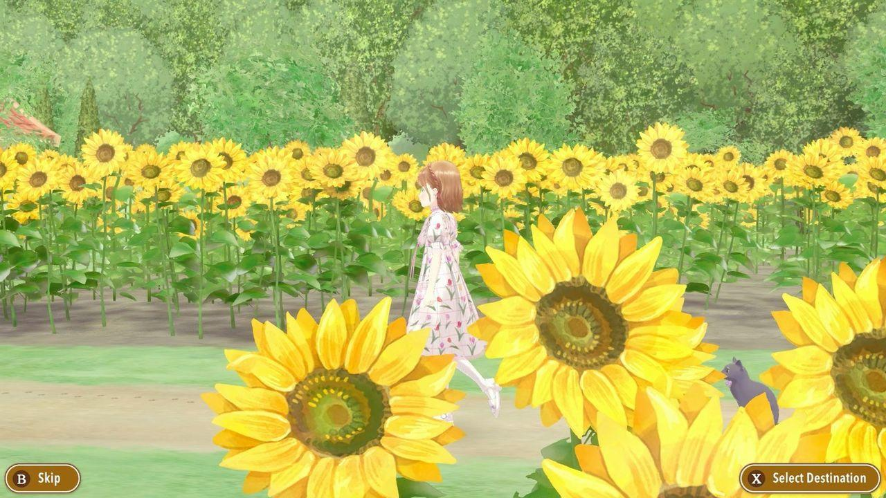 Ein Mädchen im Blumenkleid geht durch ein helles Feld voller hoher gelber Sonnenblumen unter üppigen Bäumen.