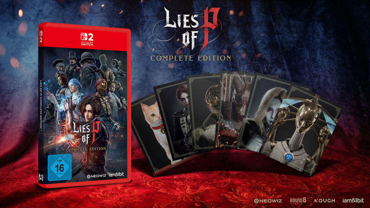 Lies of P Complete Edition für Nintendo Switch mit Spielhülle und Charakterkarten auf rotem Tuch.