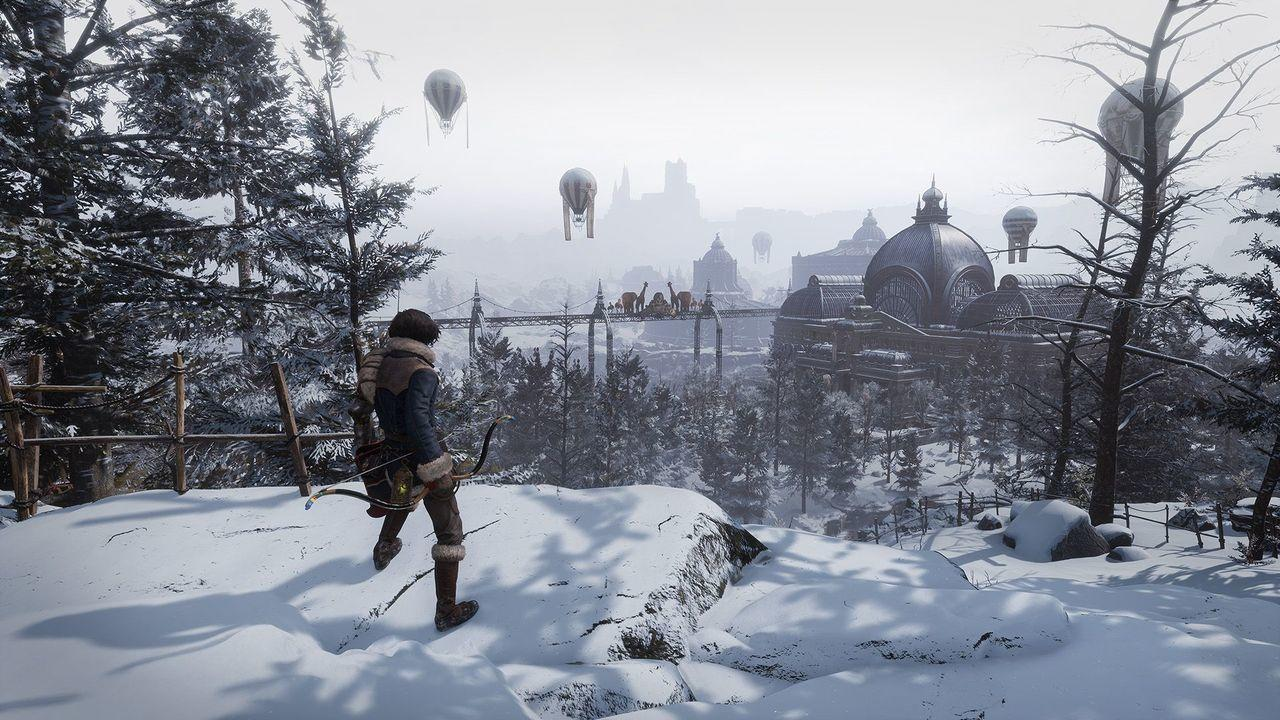 Eine Figur in Winterkleidung mit Bogen blickt auf eine verschneite Stadt mit Luftballons.