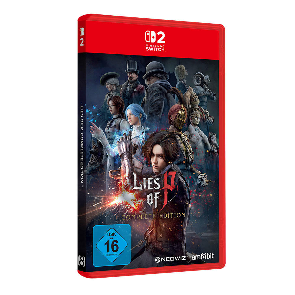 Lies of P Complete Edition Videospielhülle für Nintendo Switch mit verschiedenen Charakteren vor dunklem Hintergrund.