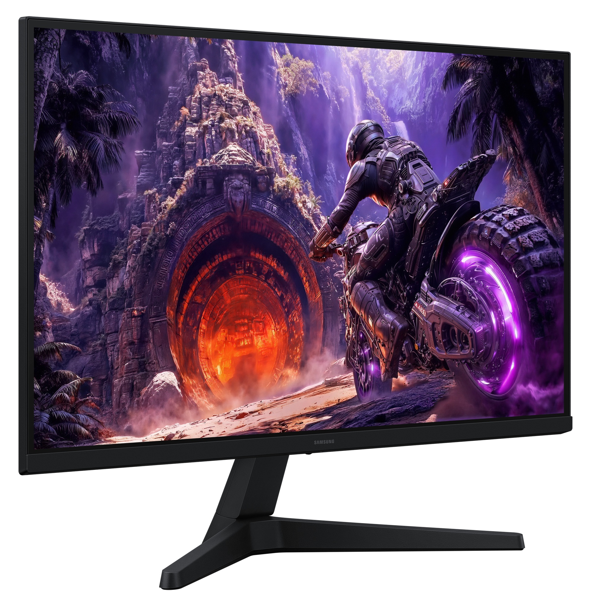 Monitor Samsung wyświetla futurystyczną scenę z motocyklistą przed świecącym portalem.