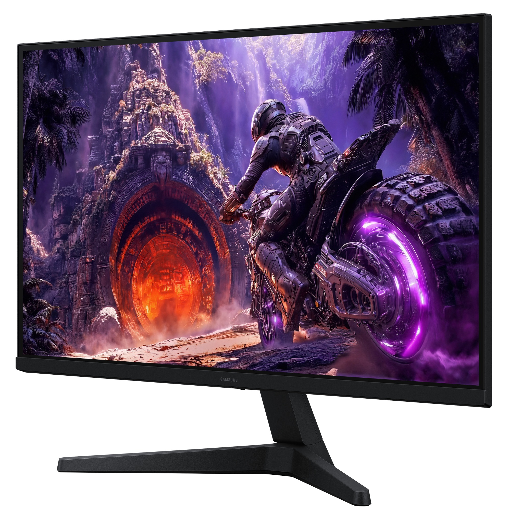 Czarny monitor Samsung wyświetla fantastyczną scenę z motocyklistą przed świecącym tunelem.