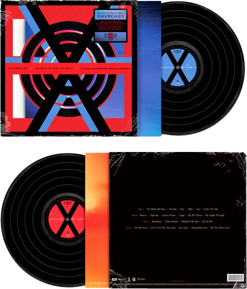 Chvrches albumborító és bakelitlemez piros és kék geometrikus mintával.