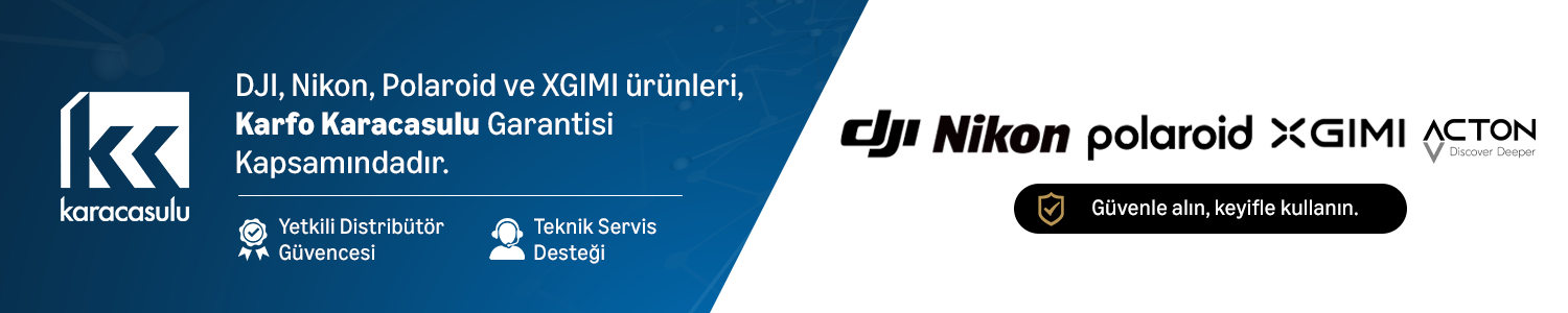 DJI, Nikon, Polaroid ve XGIMI logolu banner, Karfo Karacasulu garanti metniyle birlikte.