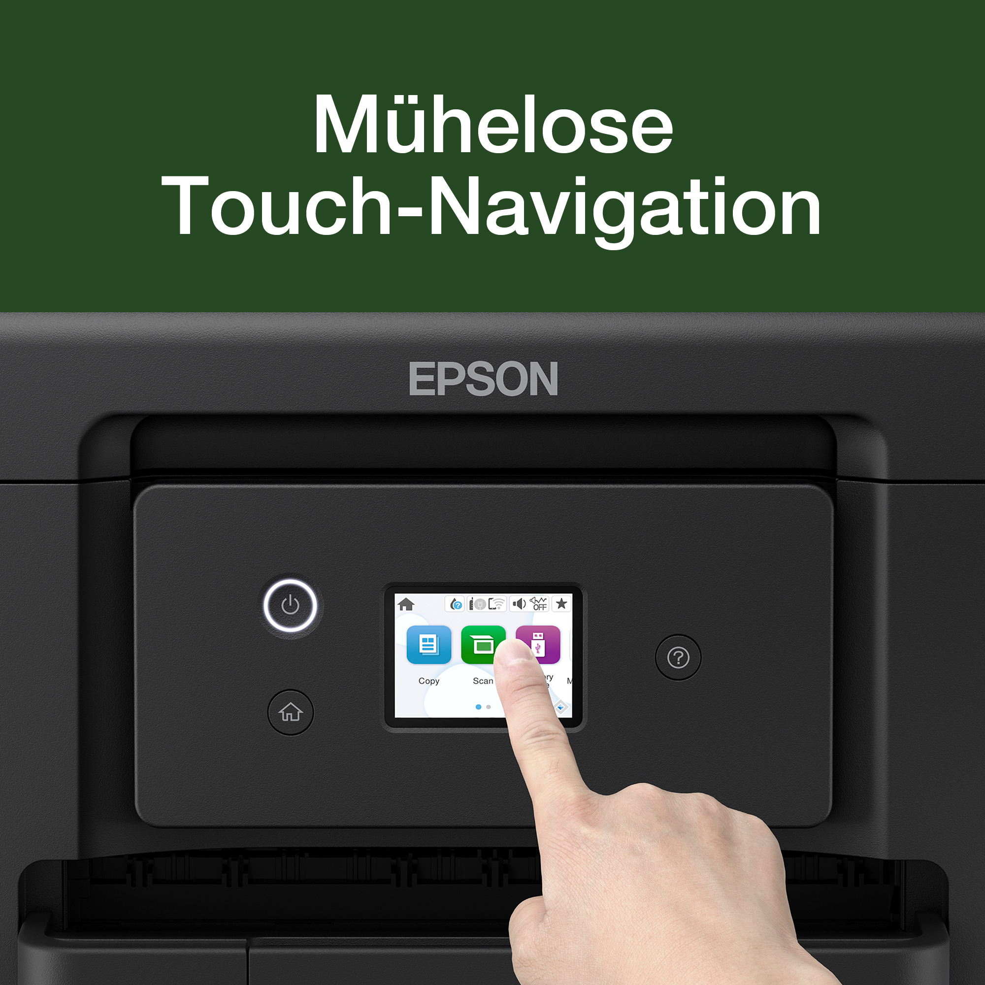 Eine Hand bedient den Touchscreen eines schwarzen Epson-Druckers vor grünem Hintergrund mit deutschem Text.