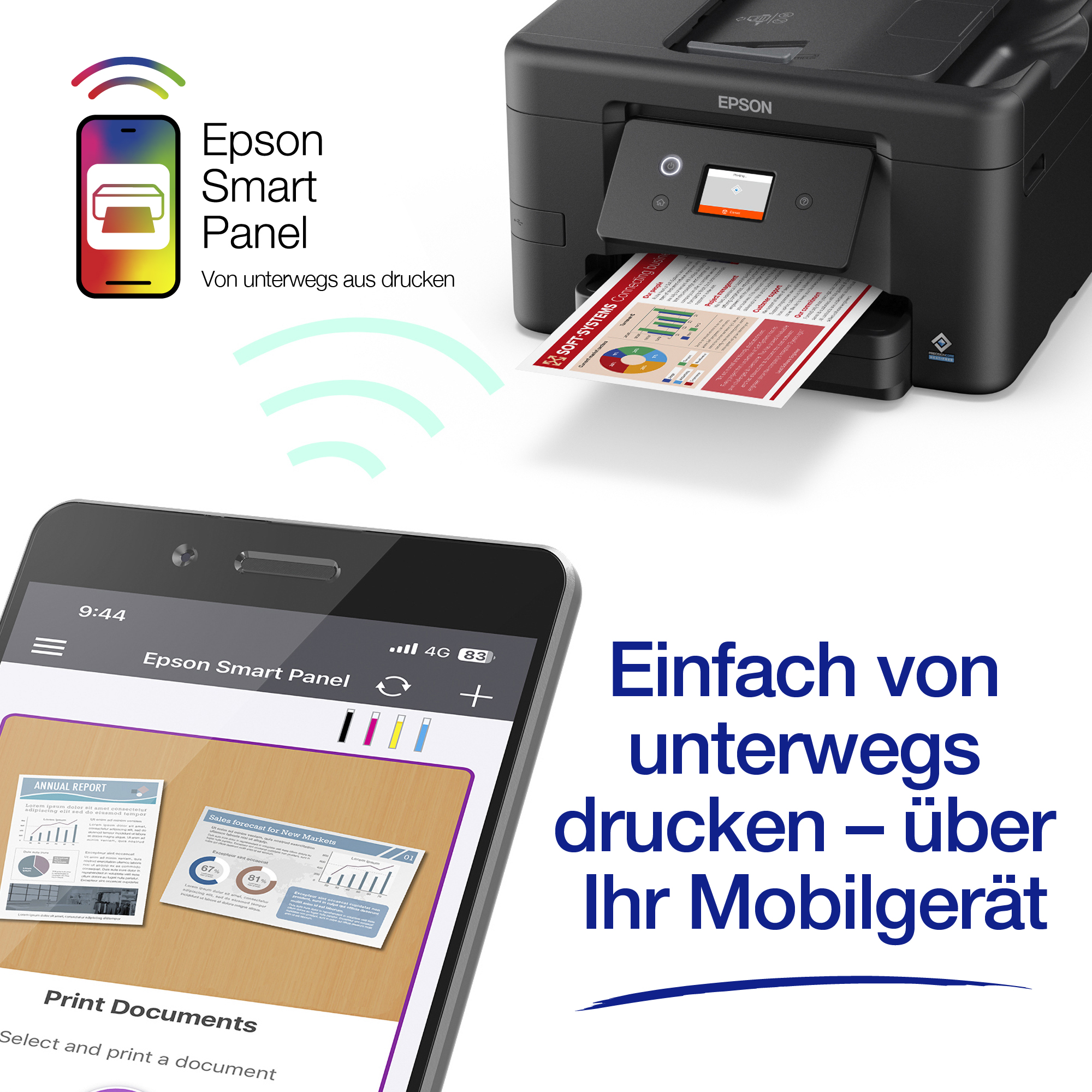 Ein Smartphone zeigt die Epson Smart Panel App, während ein Drucker kabellos Dokumente druckt.