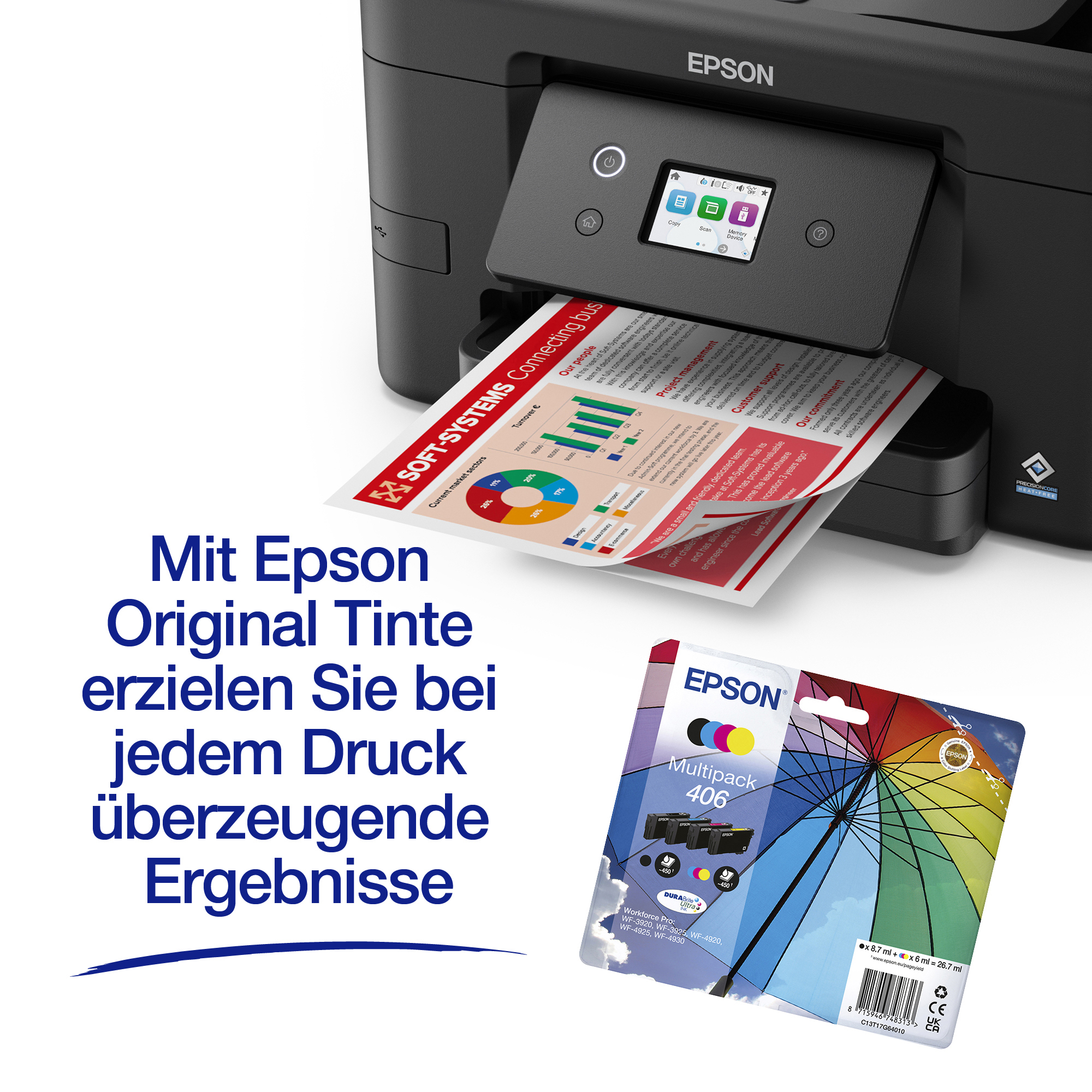 Epson-Drucker druckt ein farbiges Dokument, mit einer Tintenpackung unten und deutschem Werbetext.