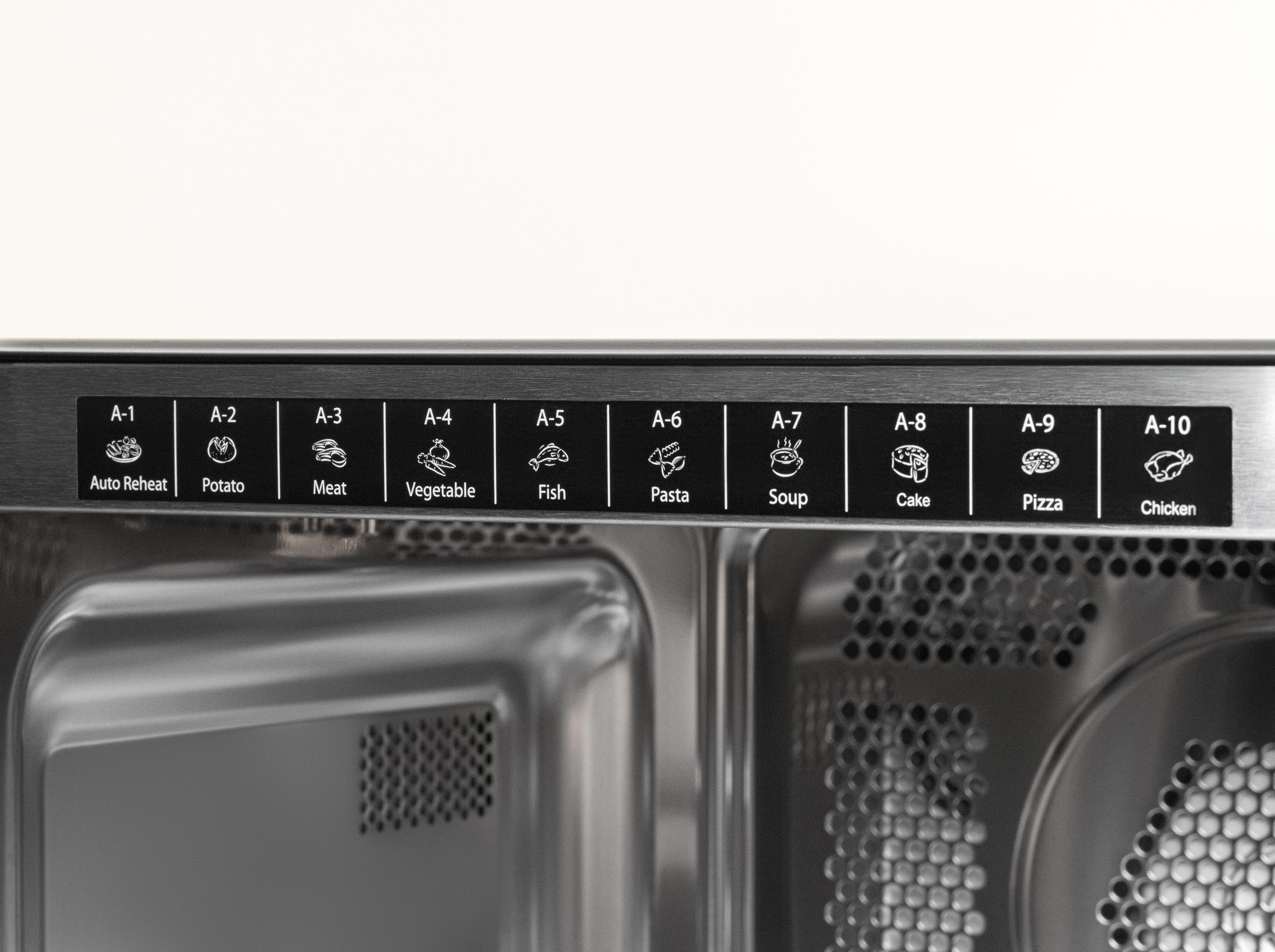 Mikrowellenbedienfeld mit zehn automatischen Programmsymbolen für Speisen.