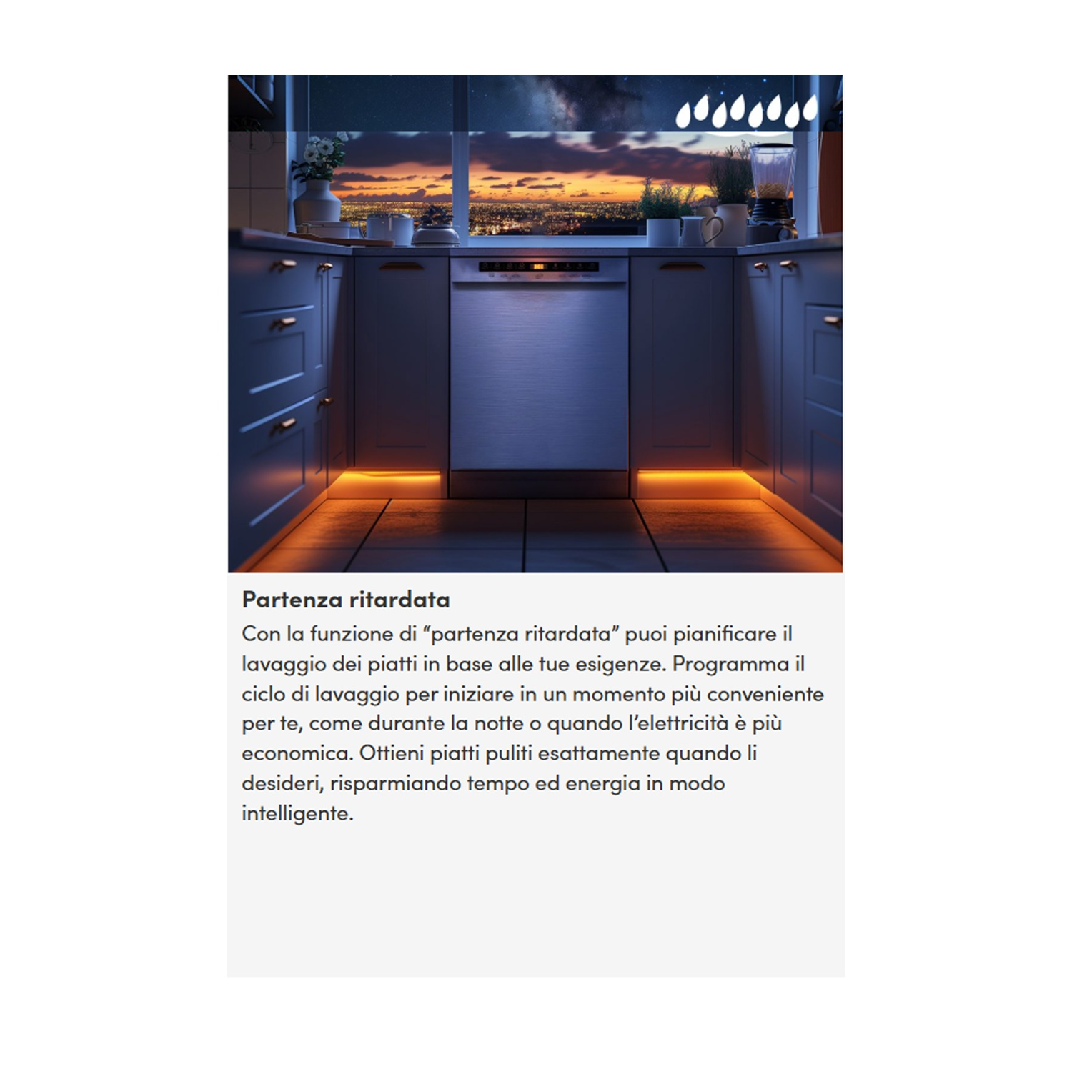 Cucina moderna con lavastoviglie integrata e calda illuminazione LED.