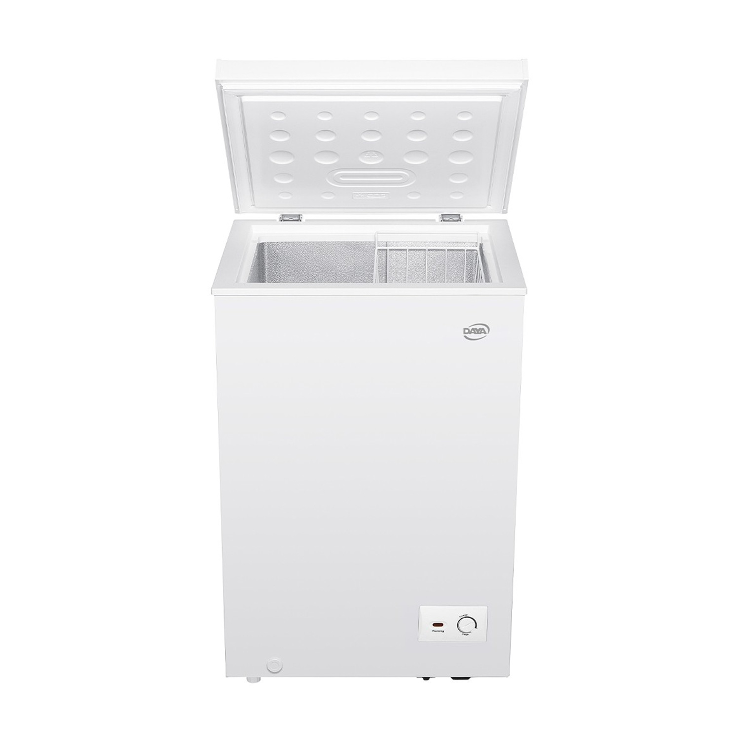 Un congelatore a pozzetto bianco con coperchio aperto, un cestello interno e termostato frontale.