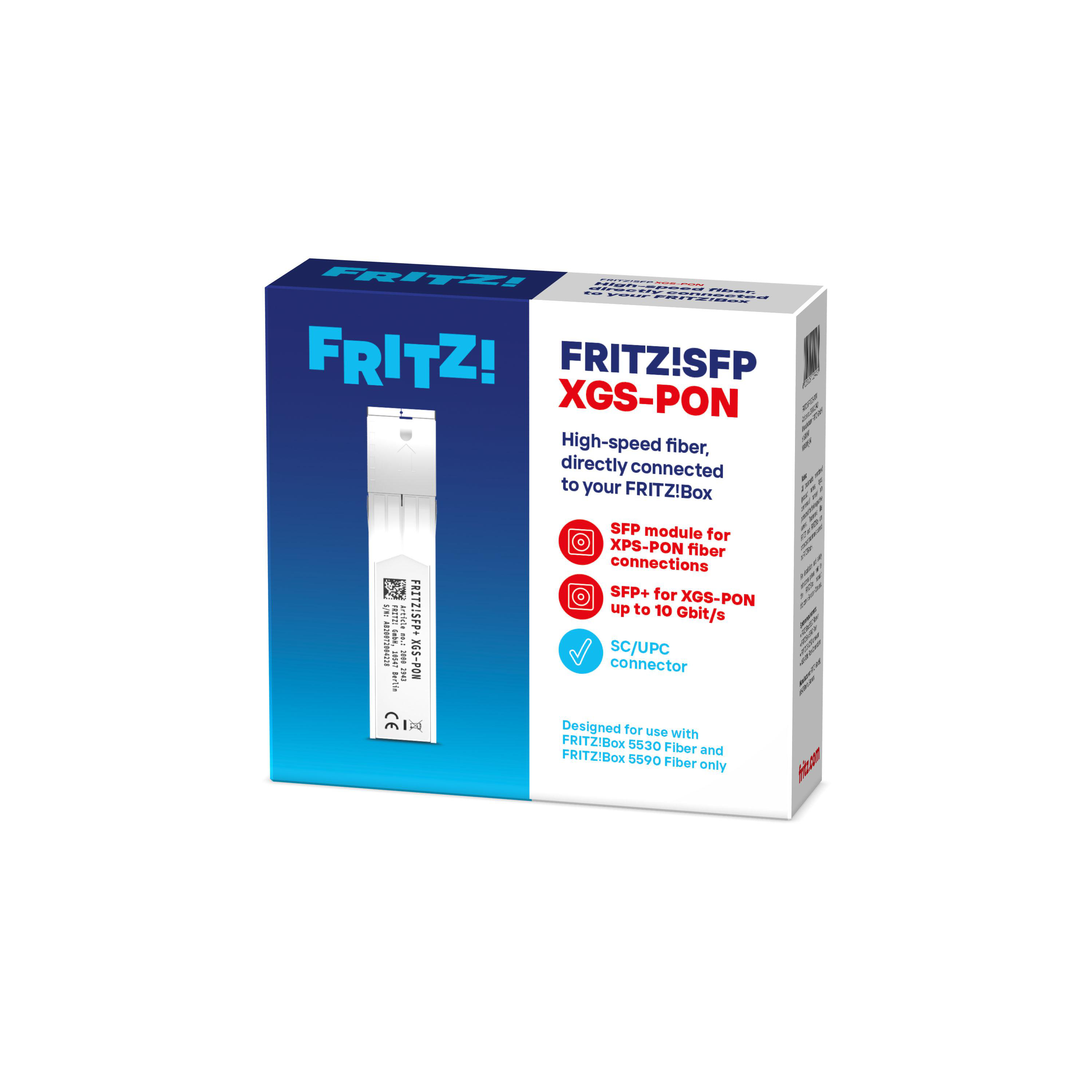 Produktverpackung des FRITZ!SFP XGS-PON Moduls mit blauen und weißen Akzenten.