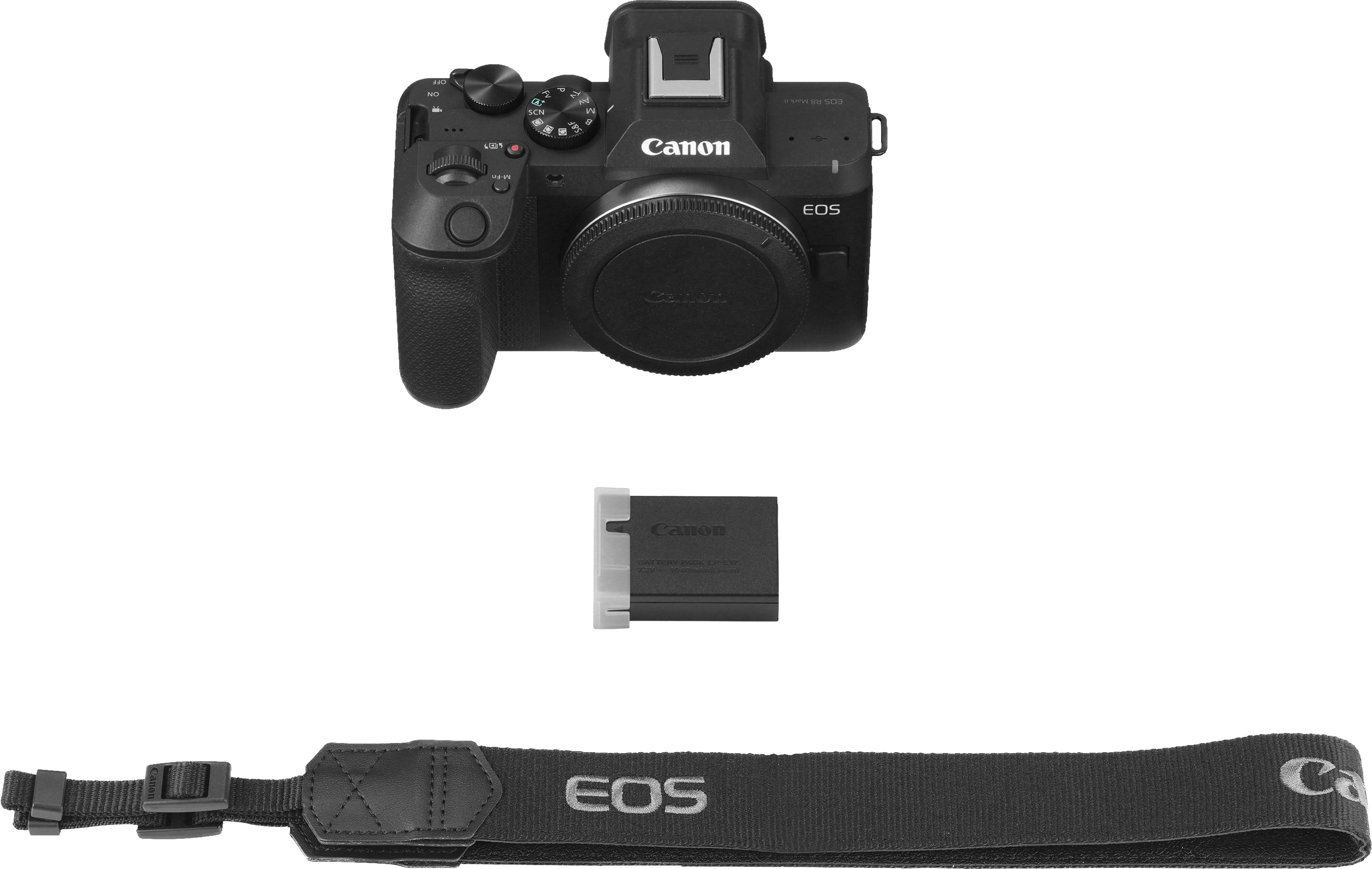 Eine schwarze Canon EOS Kamera, ein Akku und ein schwarzer EOS Kameragurt auf schwarzem Hintergrund.