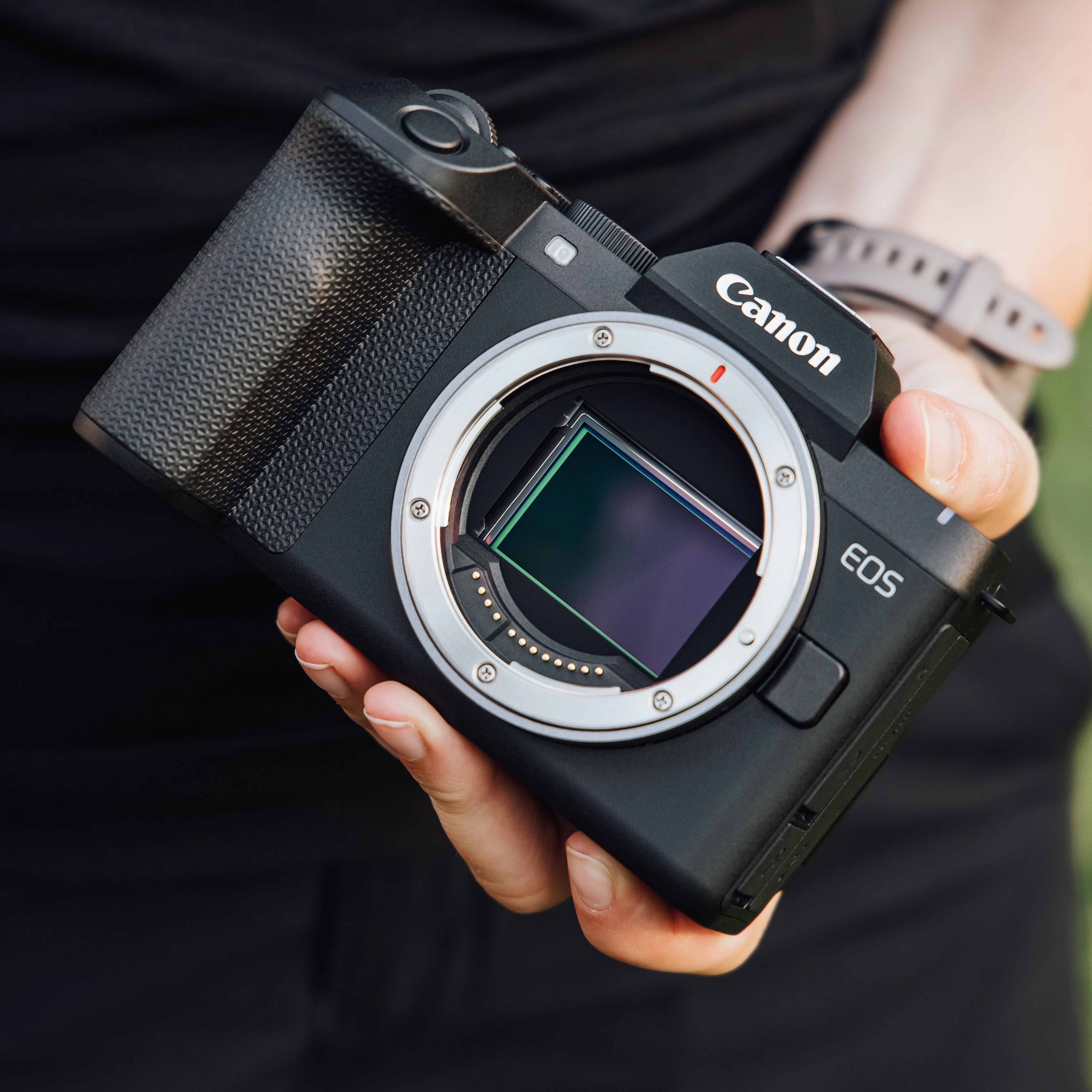 Eine Person hält einen schwarzen Canon EOS Spiegellosen Kamerakörper und zeigt den Sensor im Objektivbajonett.