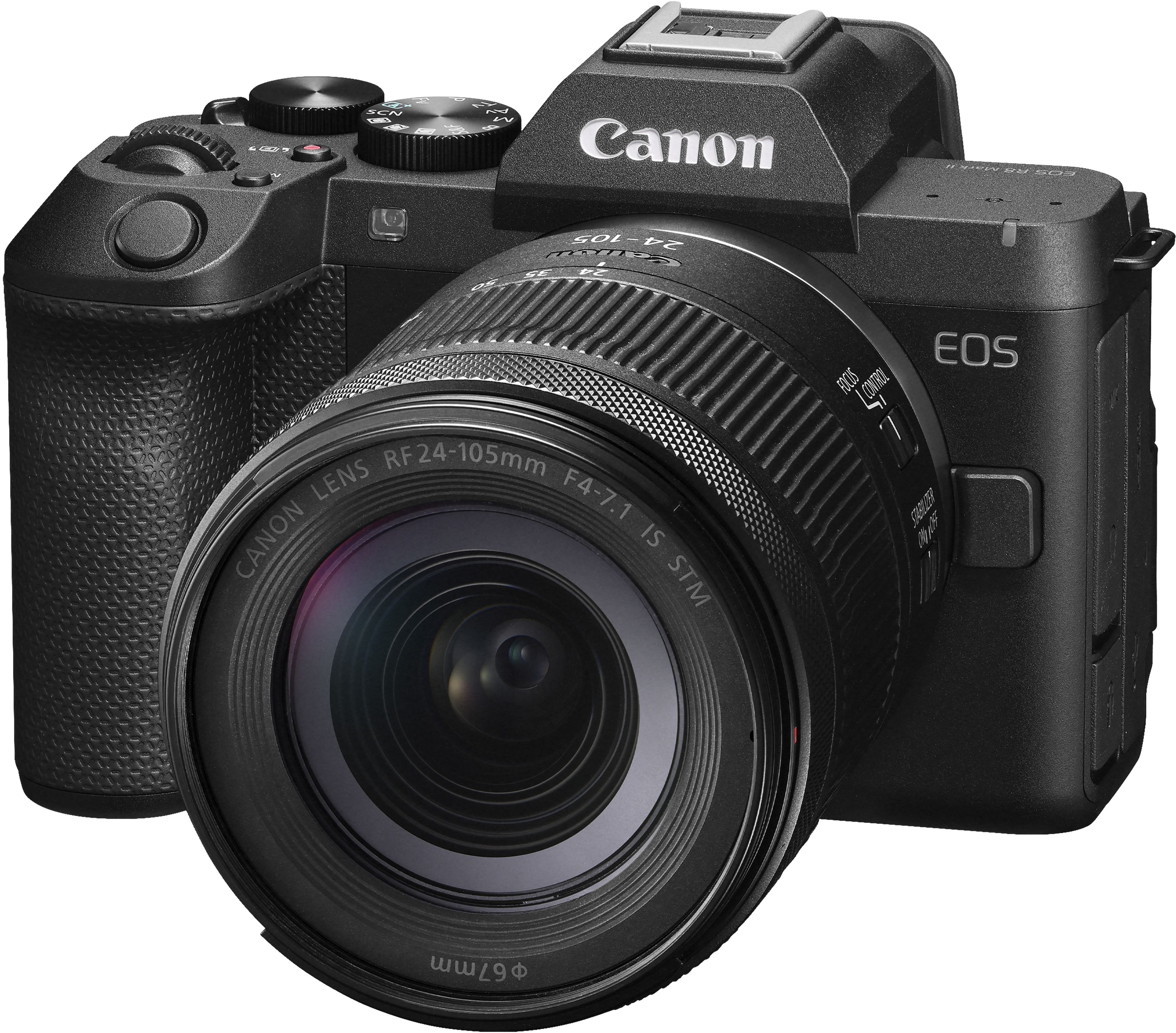 Eine schwarze spiegellose Canon EOS Kamera mit aufgesetztem RF 24-105mm Zoomobjektiv vor weißem Hintergrund.