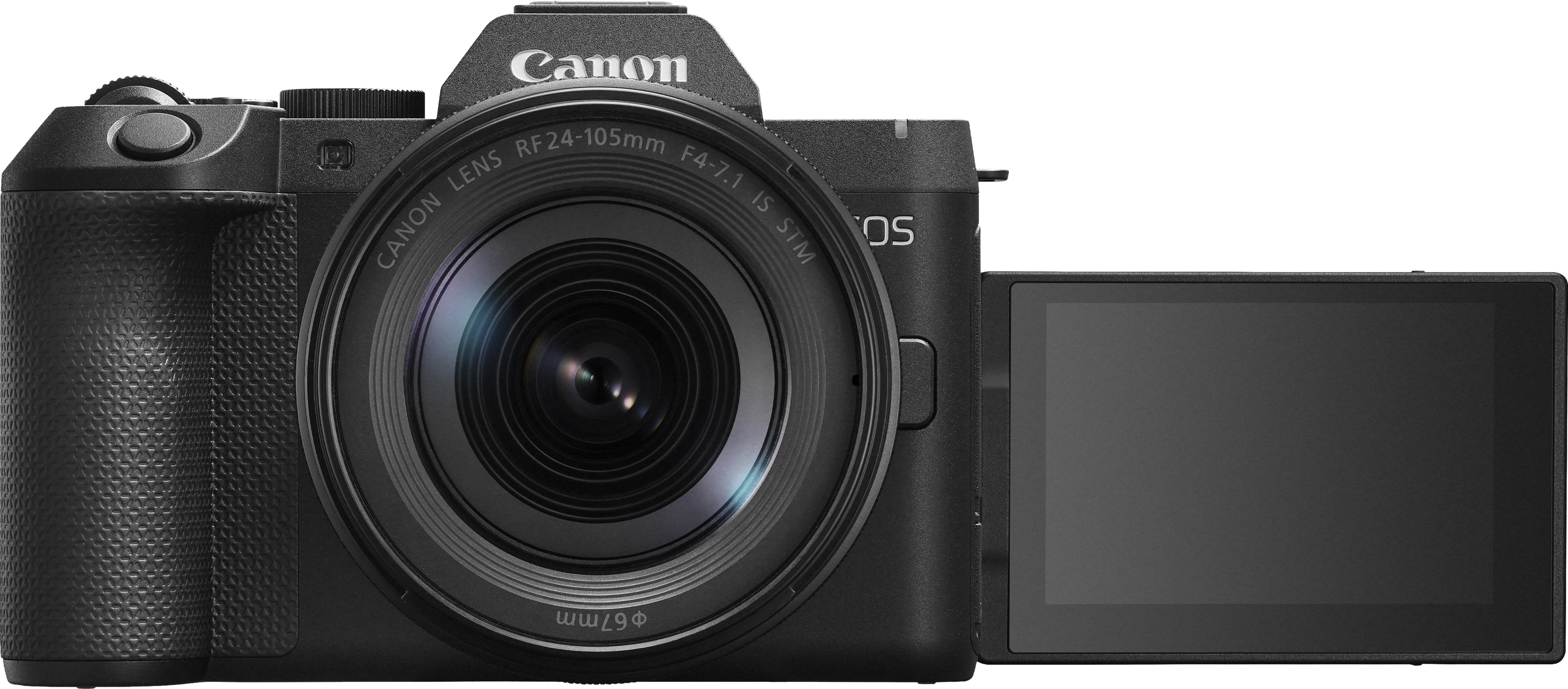 Schwarze Canon-Systemkamera mit angesetztem RF 24-105mm-Objektiv und ausgeklapptem Bildschirm vor schwarzem Hintergrund.