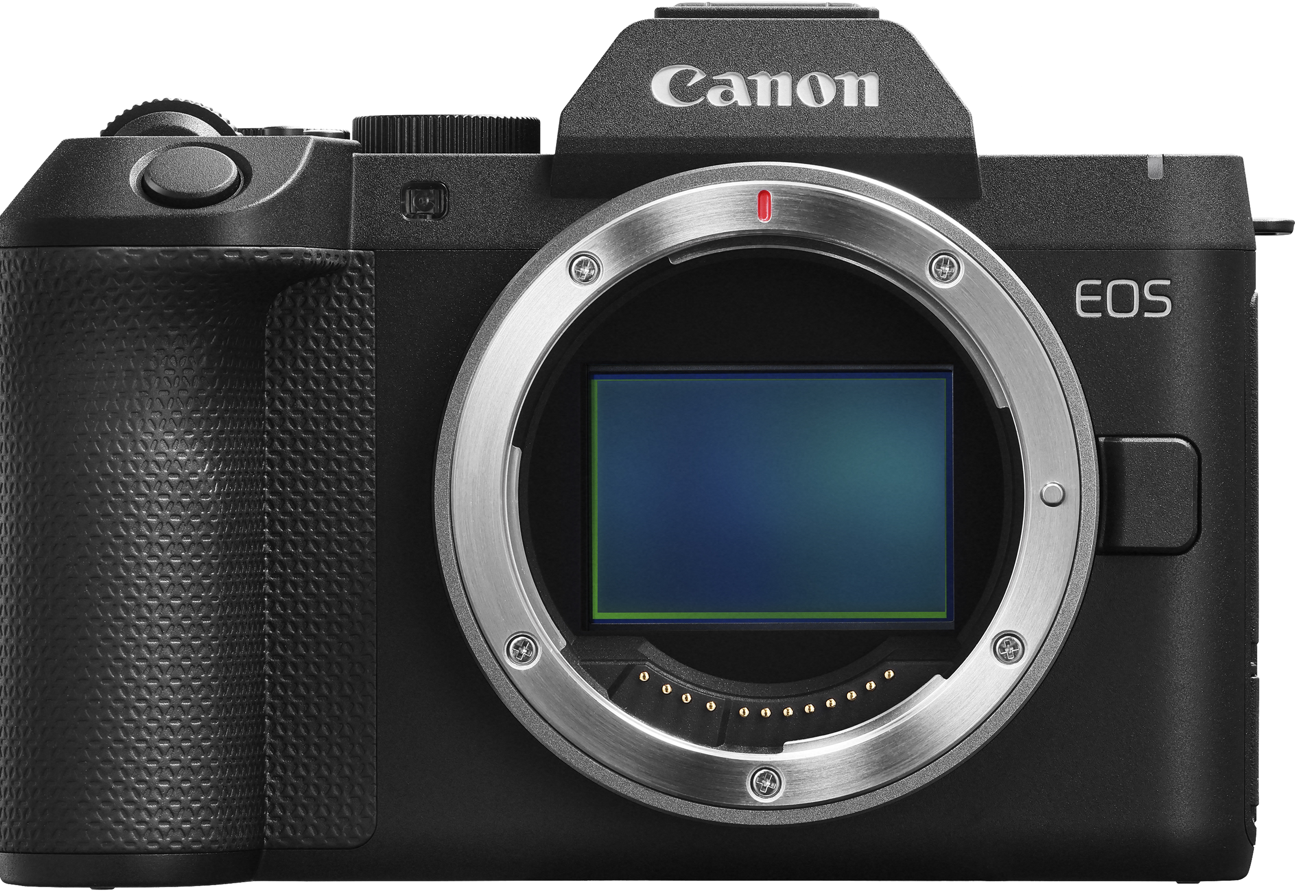 Nahaufnahme eines schwarzen Canon EOS spiegellosen Kameragehäuses mit Bajonett und Sensor vor dunklem Hintergrund.