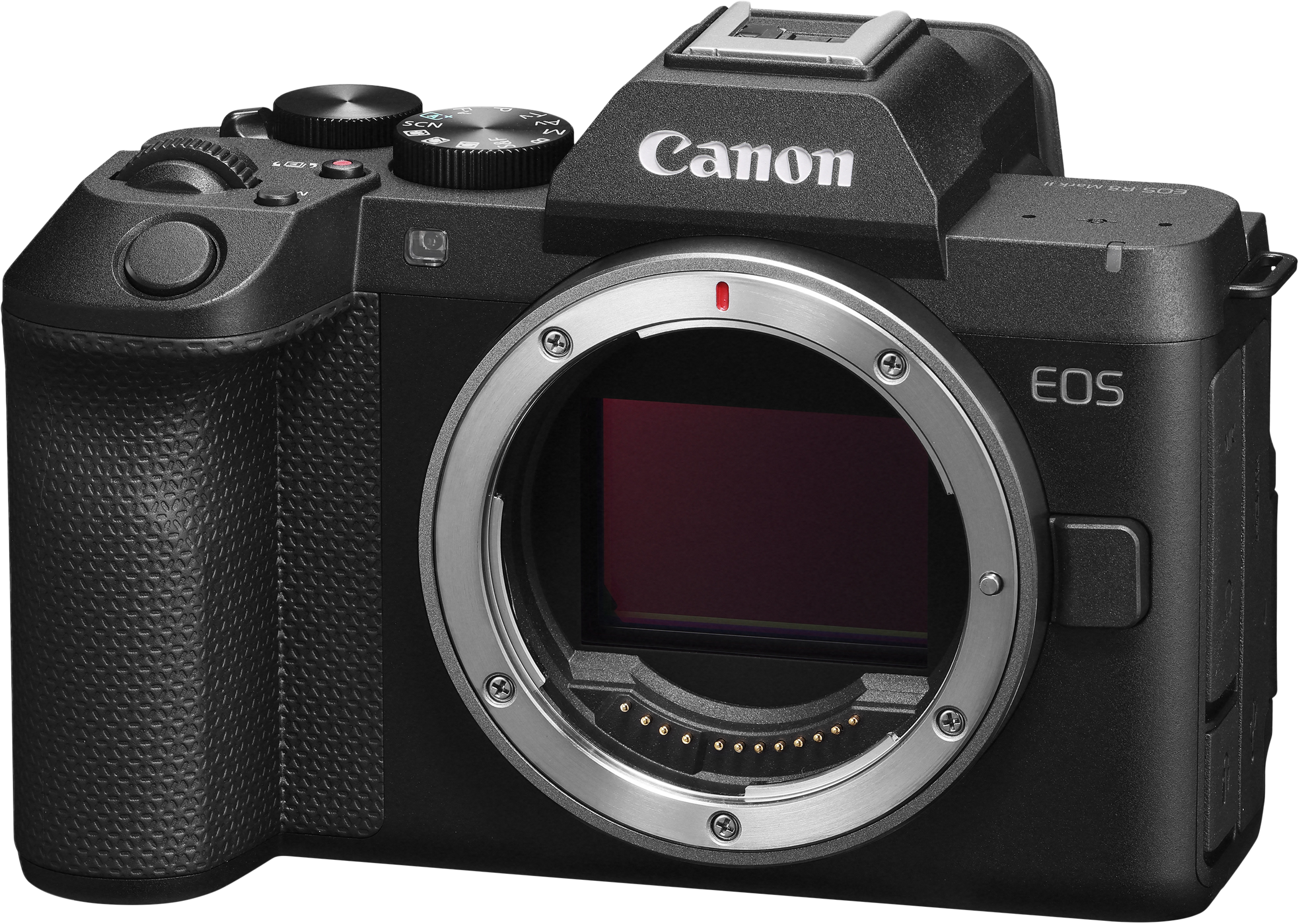Ein schwarzes Canon EOS spiegelloses Kameragehäuse wird von vorne vor schwarzem Hintergrund gezeigt.
