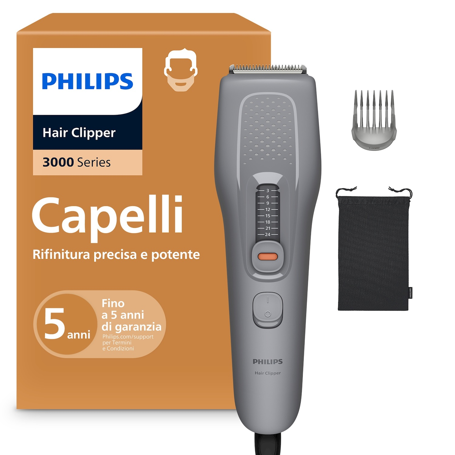 Tagliacapelli grigio Philips serie 3000 con confezione, pettine guida e custodia nera.