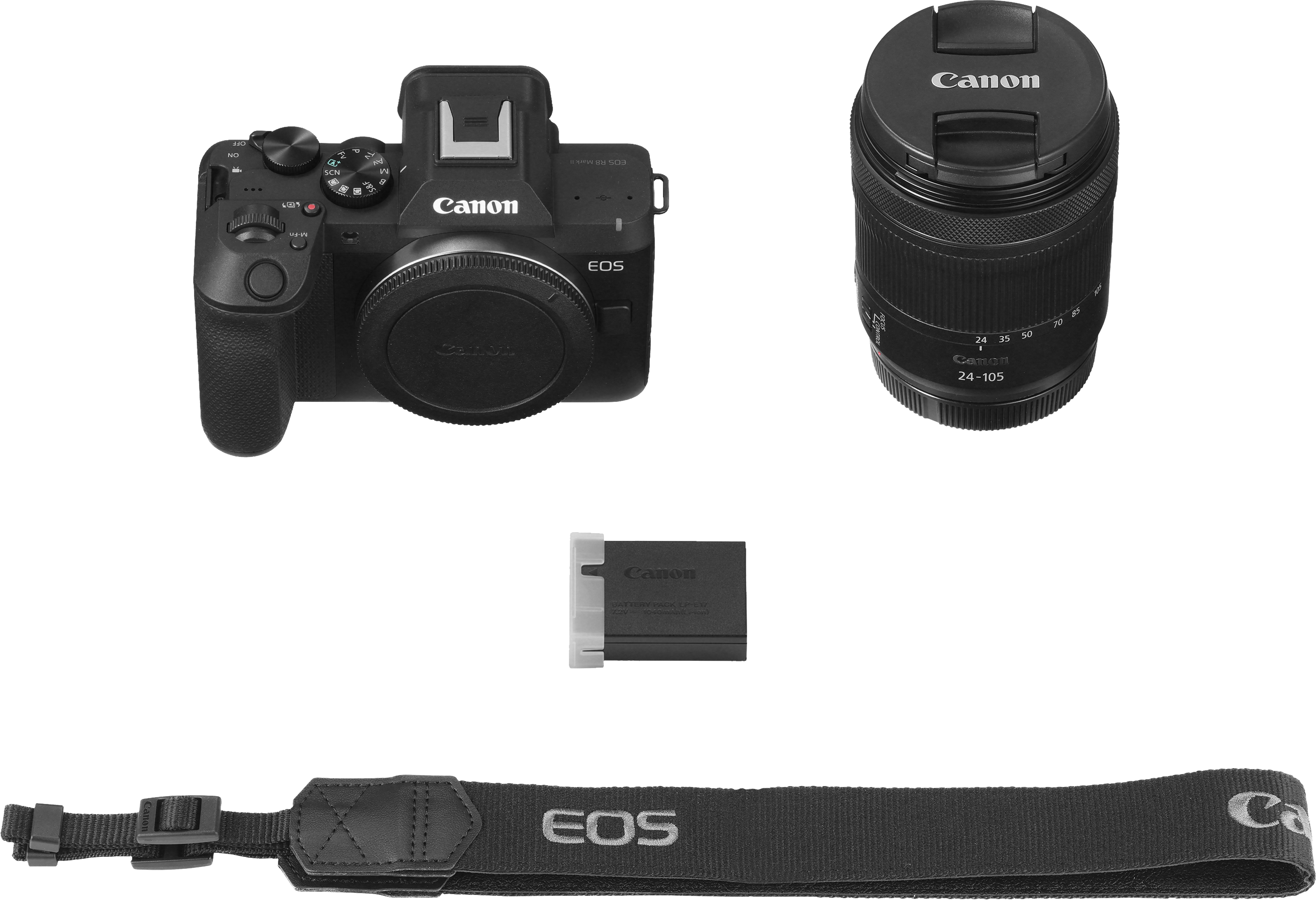 Ein schwarzes Canon EOS Kameragehäuse, ein 24-105mm Objektiv, ein Akku und ein Riemen auf schwarzem Hintergrund.
