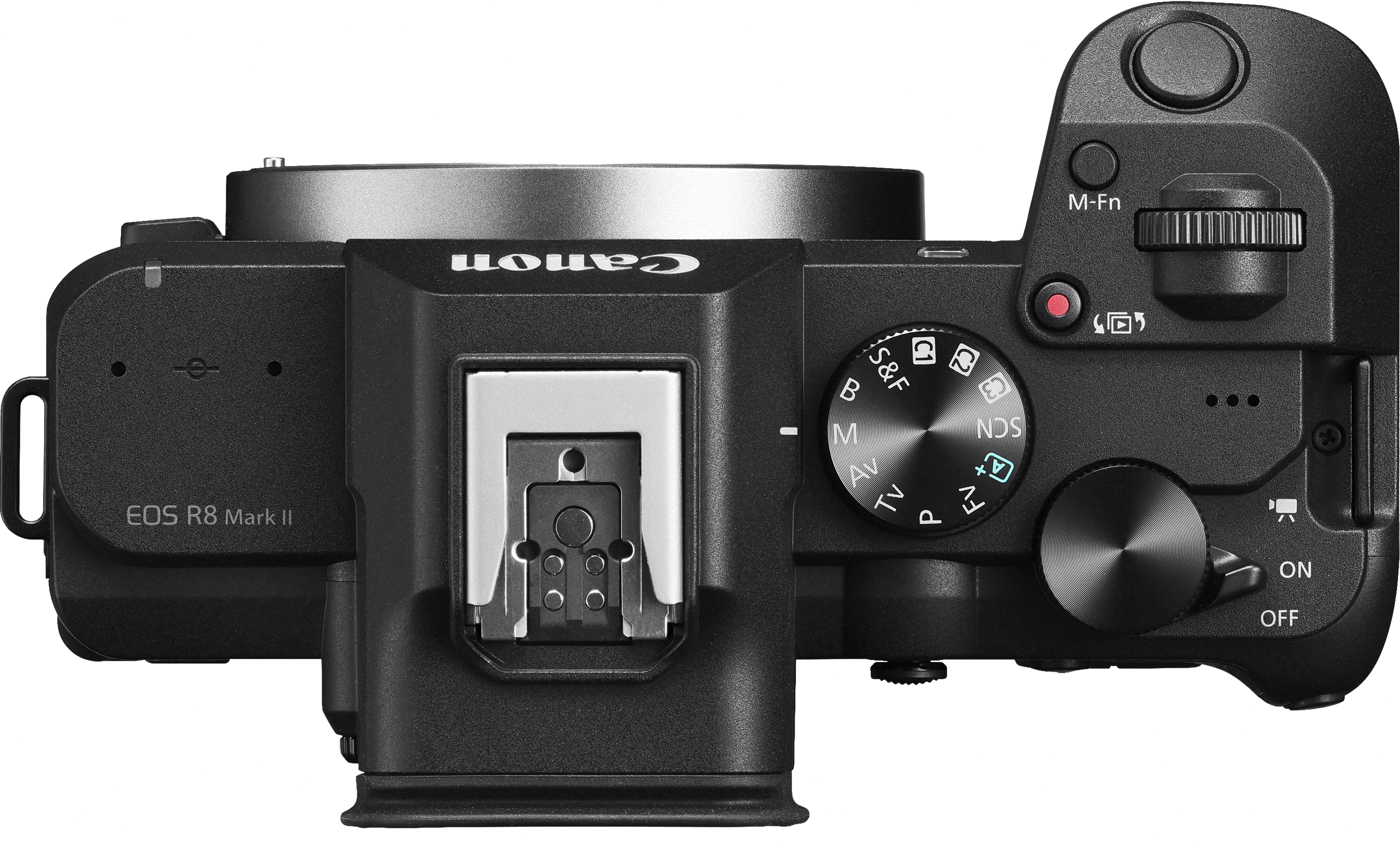Draufsicht auf ein schwarzes Canon EOS R8 Mark II Kameragehäuse mit Einstellrädern, Tasten und Blitzschuh.