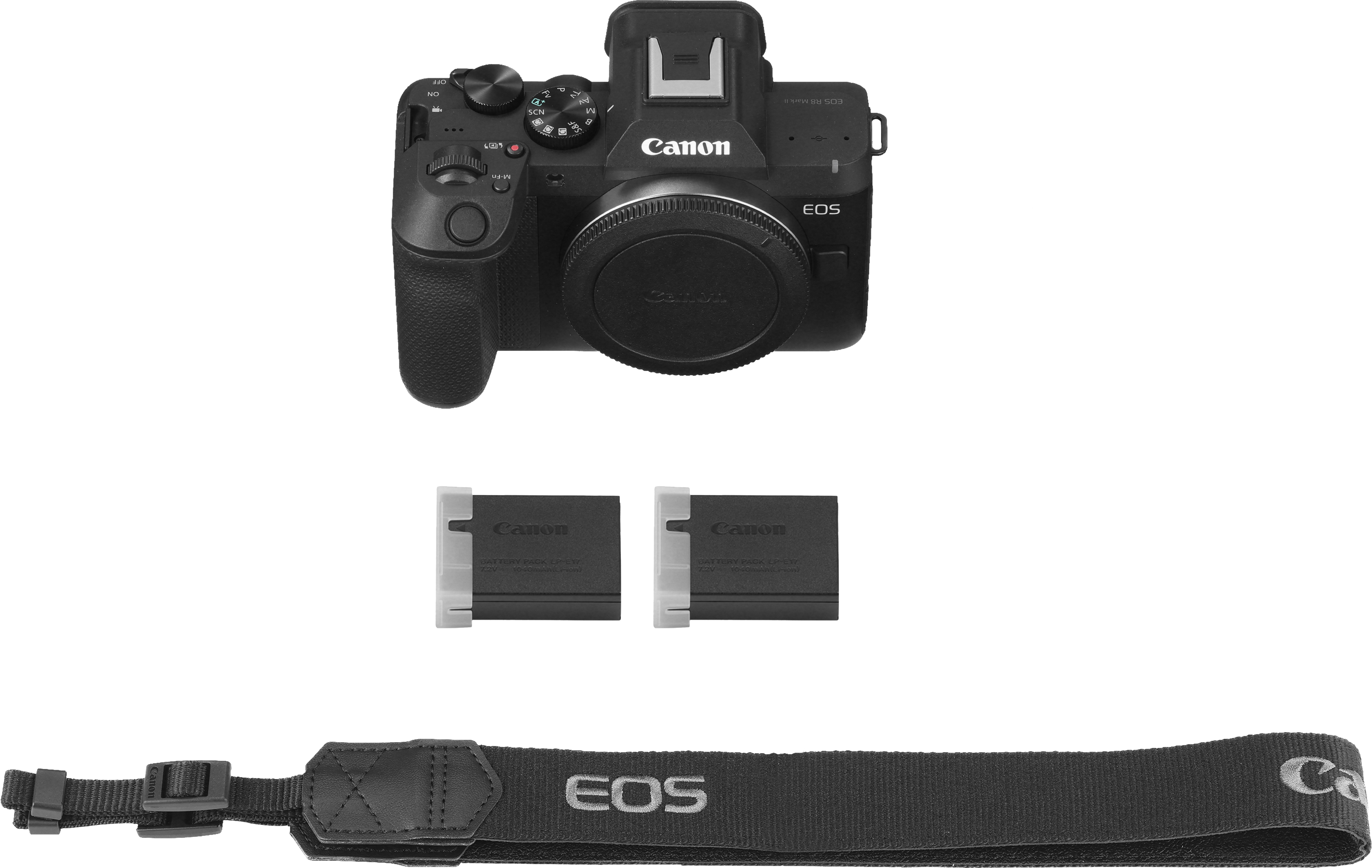 Ein schwarzes Canon-Kameragehäuse mit zwei Akkus und einem EOS-Gurt vor schwarzem Hintergrund.