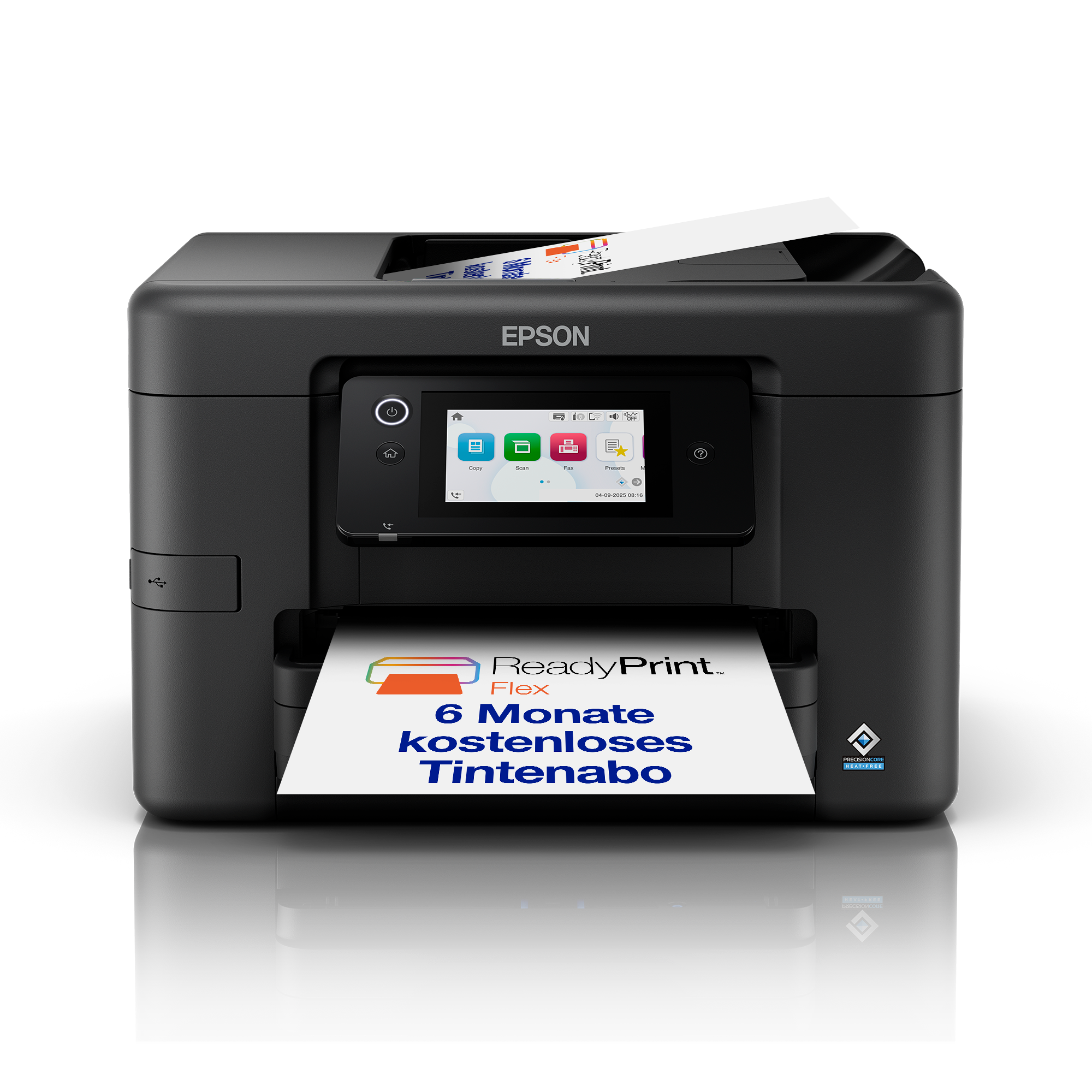 Ein schwarzer Epson-Drucker mit Touchscreen und einer gedruckten Seite mit der Aufschrift ReadyPrint Flex.
